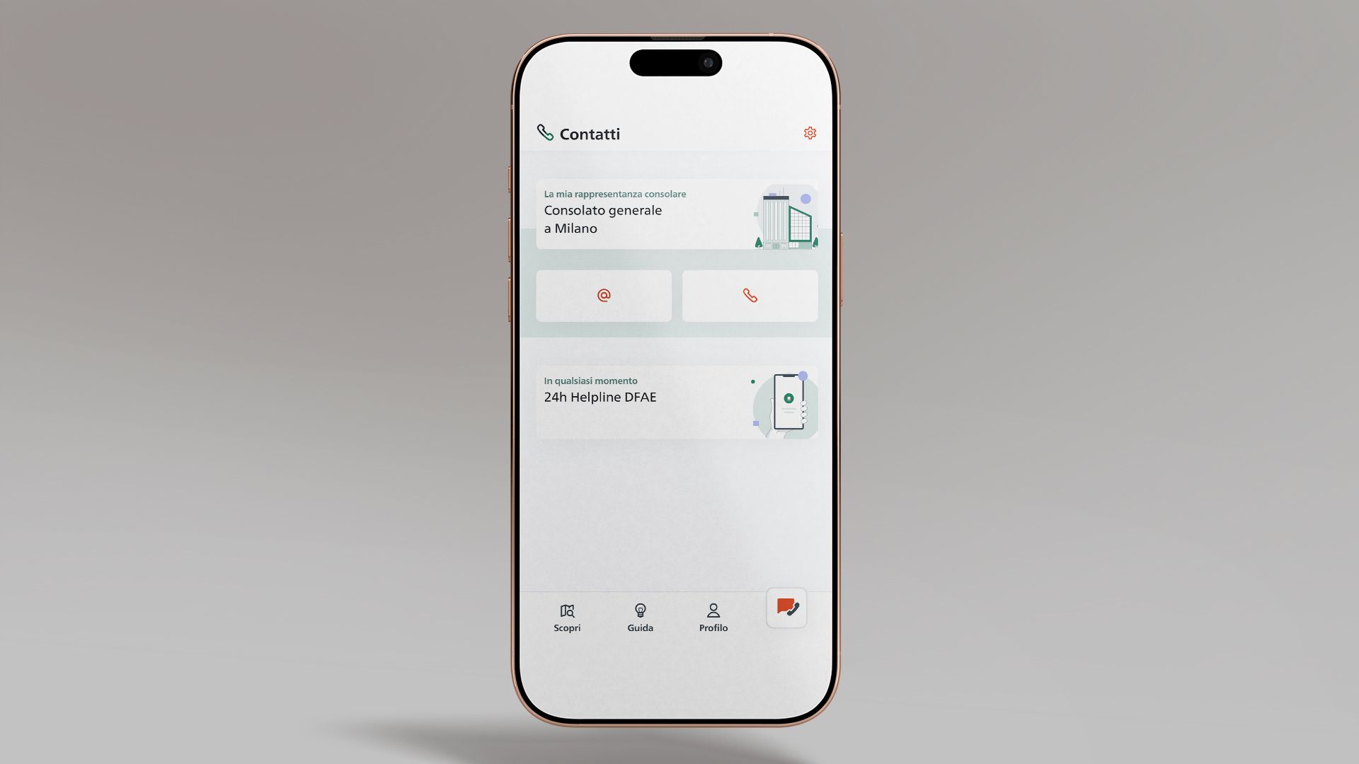 La figura mostra uno smartphone su cui è aperta la pagina «Contatti della rappresentanza» dell’app SwissInTouch.