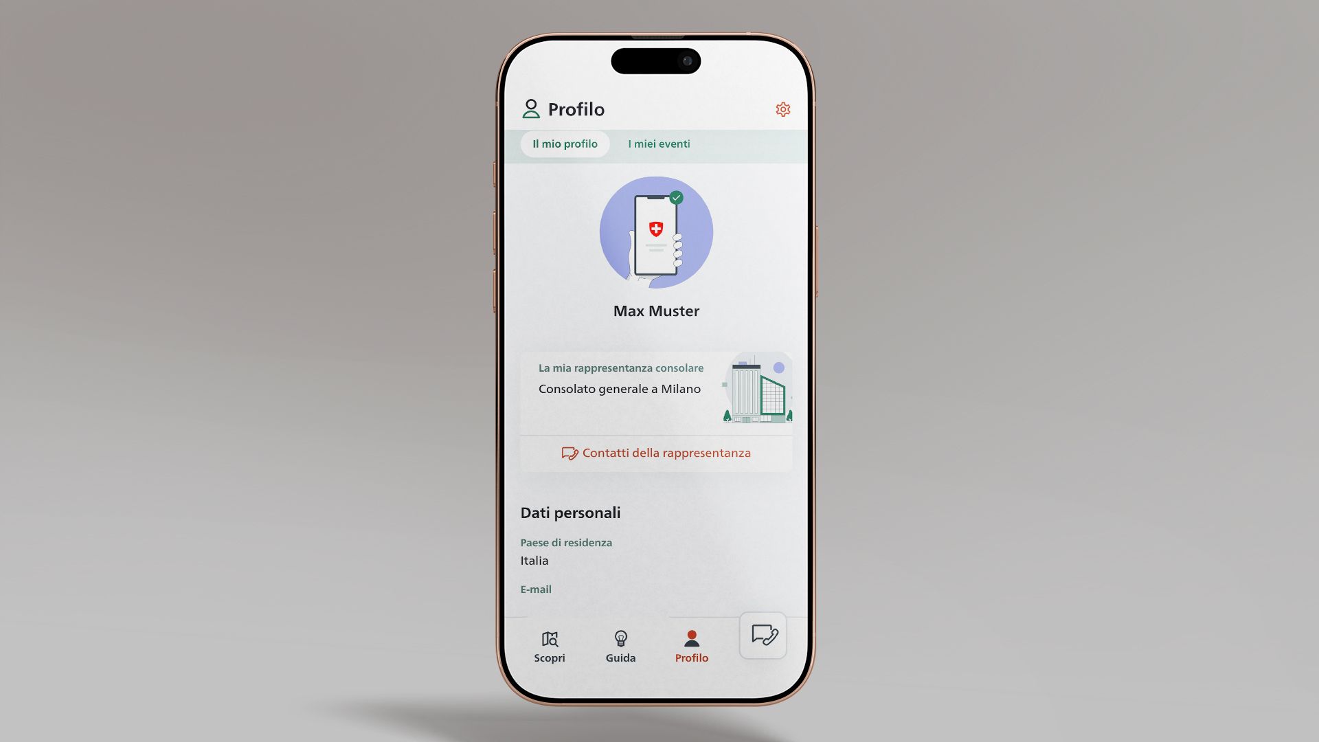 La figura mostra uno smartphone su cui è aperta la rubrica «Profilo» dell’app SwissInTouch.